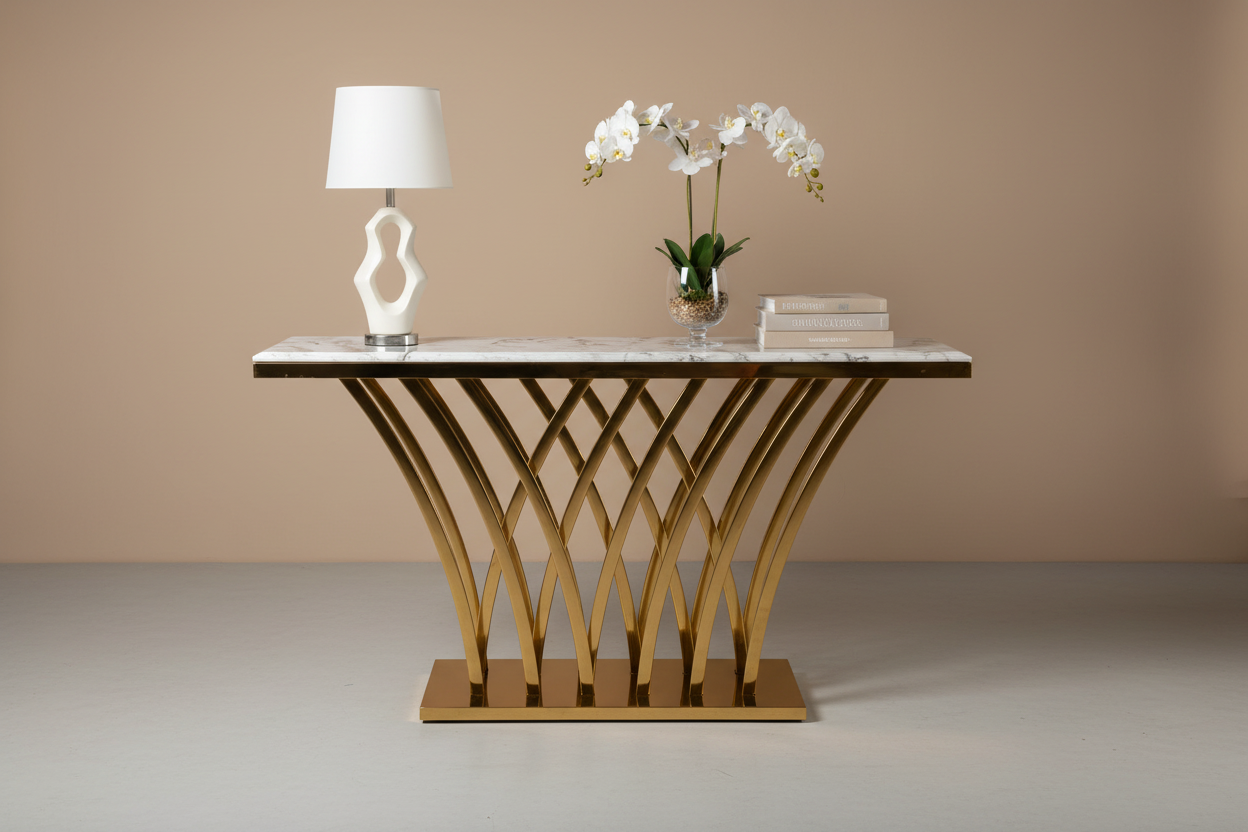 Studio side angle view of marble and gold fan-base console table