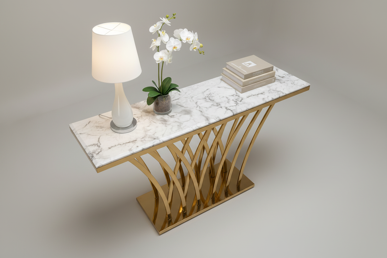 Studio top view angle of marble and gold fan-base console table