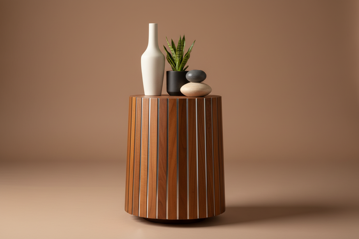 Styled studio lifestyle shot of cylindrical wood pedestal