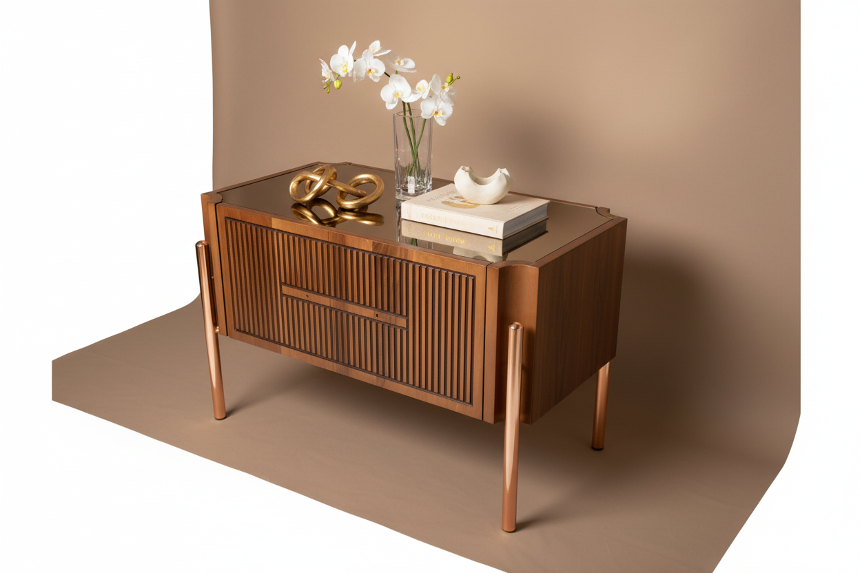 Styled studio lifestyle shot of rose gold console