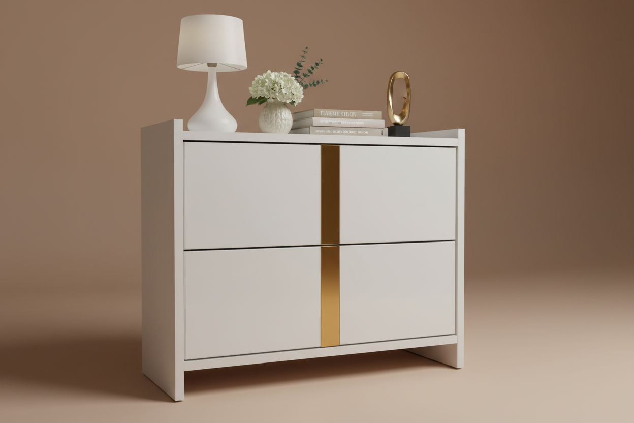 Styled studio lifestyle shot of white cabinet with gold accent