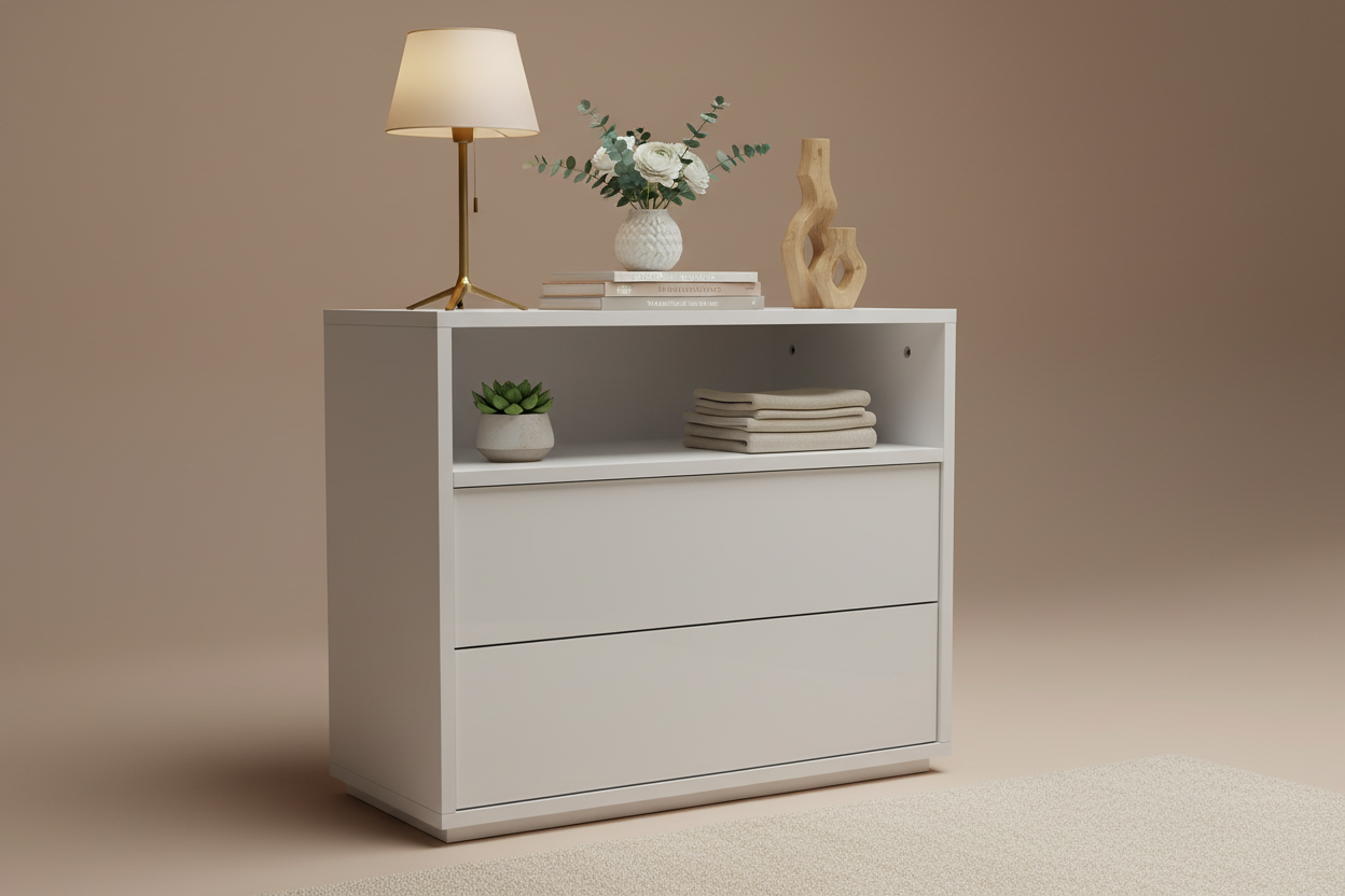 Styled studio lifestyle shot of white cabinet with open shelf