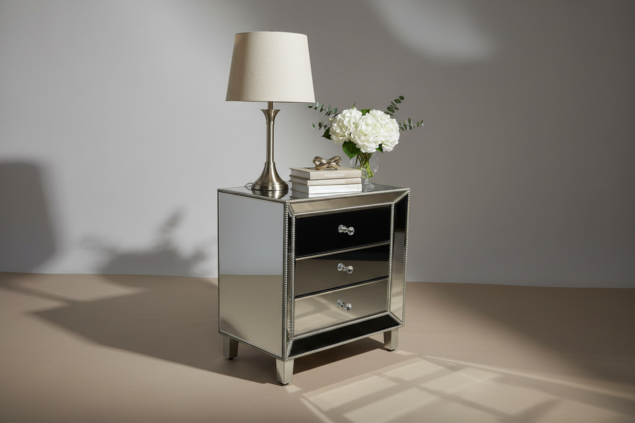 Styled studio shot of mirrored pedestal without tags