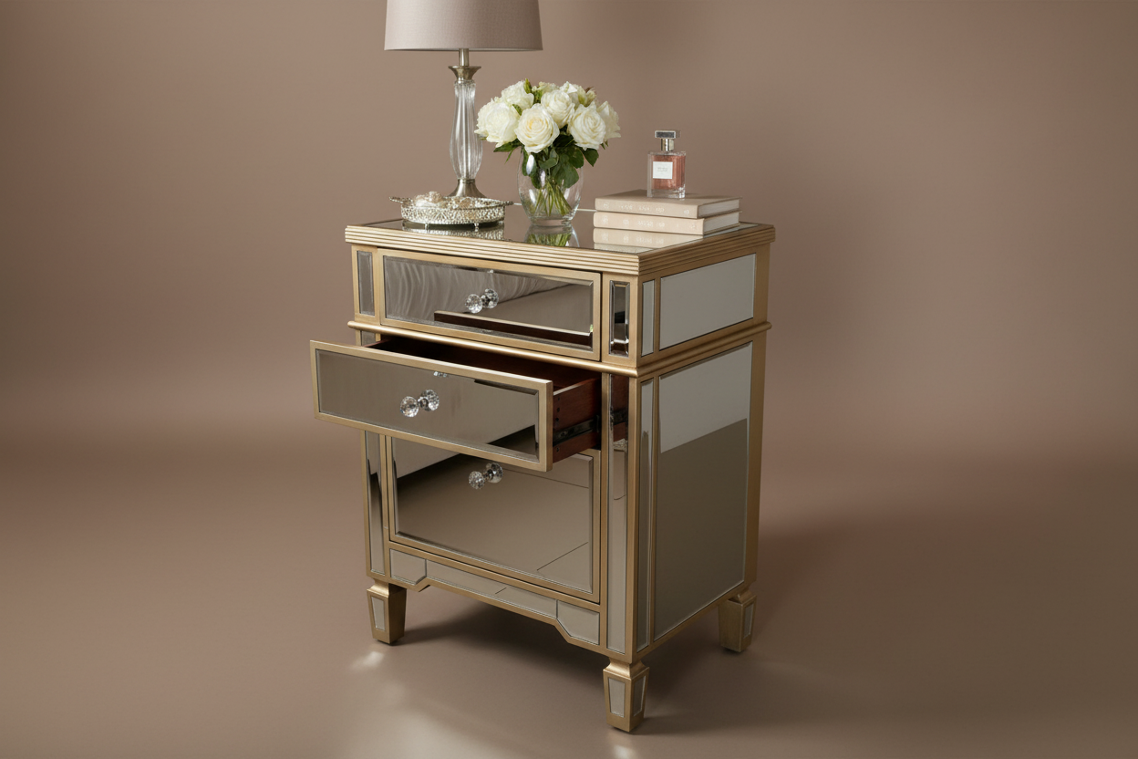 Styled studio shot with open drawer - mirrored nightstand