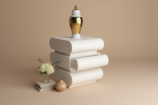 Styled studio shot with open drawer - white pedestal