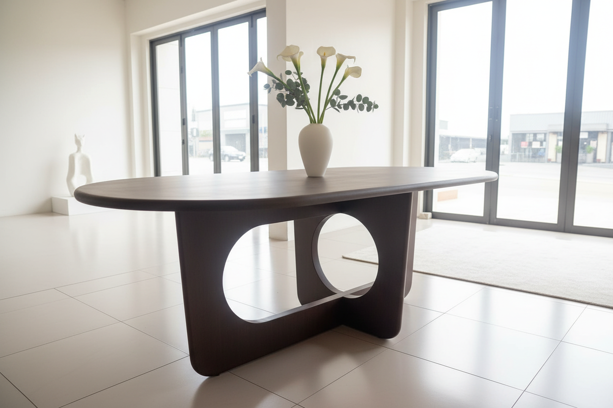 Taupe table in white setting - low angle