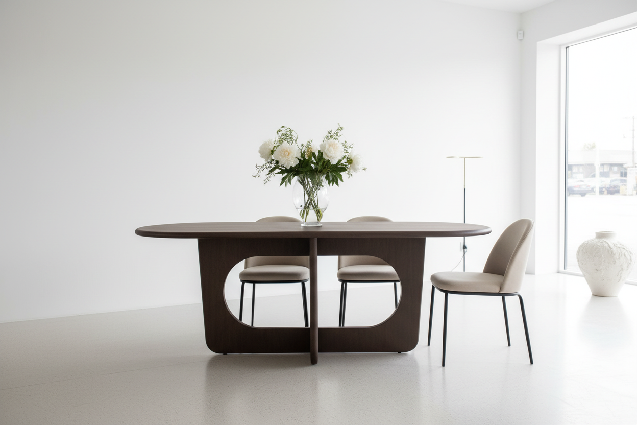 Taupe table in white setting - side profile