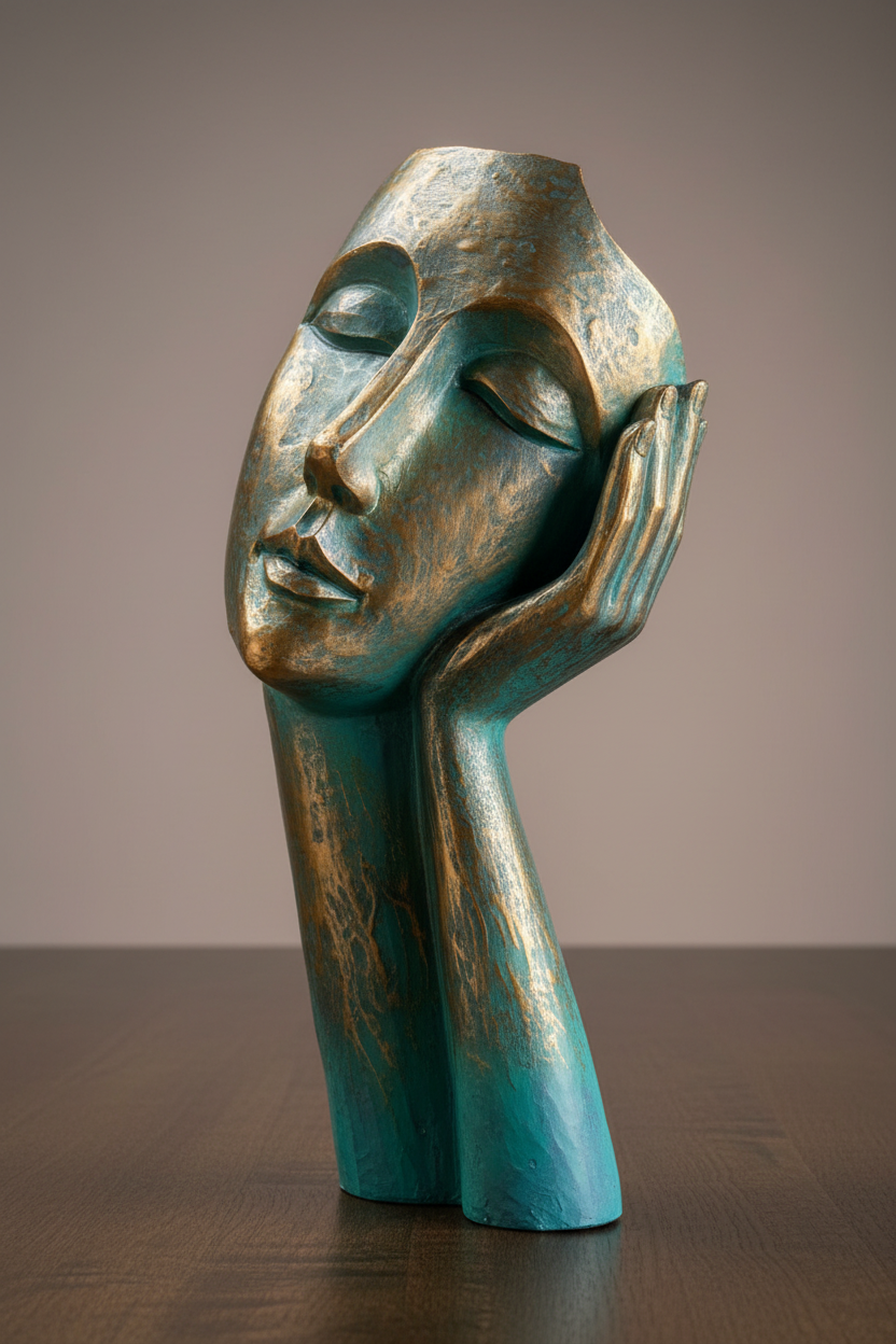 Teal Gold Face Sculpture Side Angle