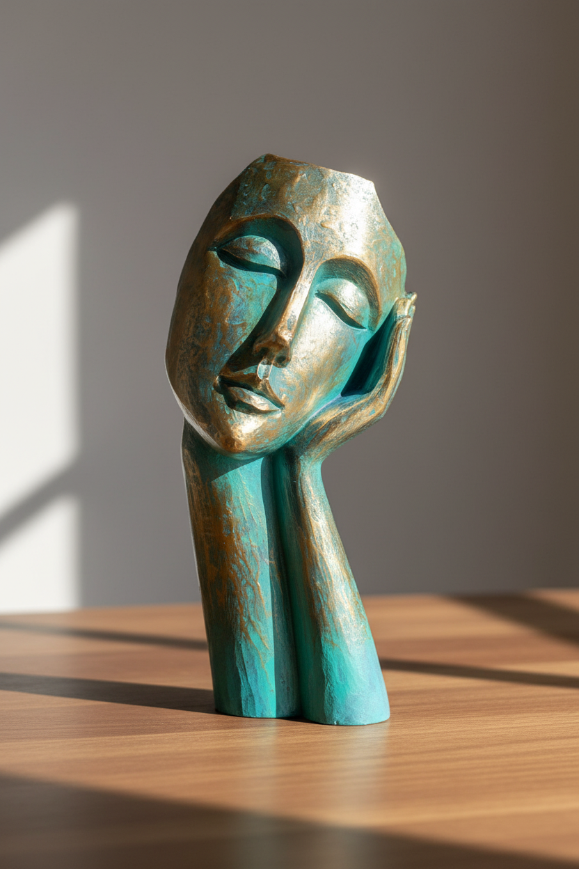 Teal Gold Face Sculpture Studio Lifestyle
