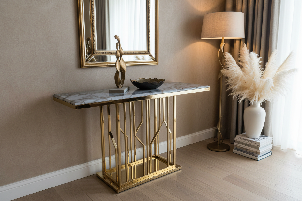 Three-quarter angle view of black and gold console table