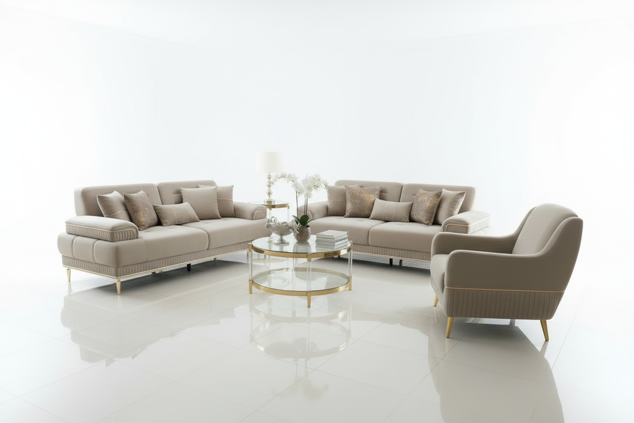 Three-quarter view of complete sofa set