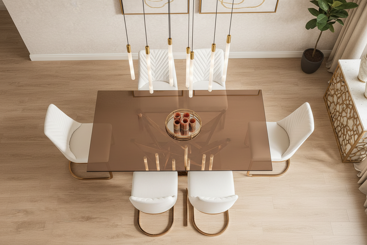 Top angle lifestyle image of dining table with rose gold glass