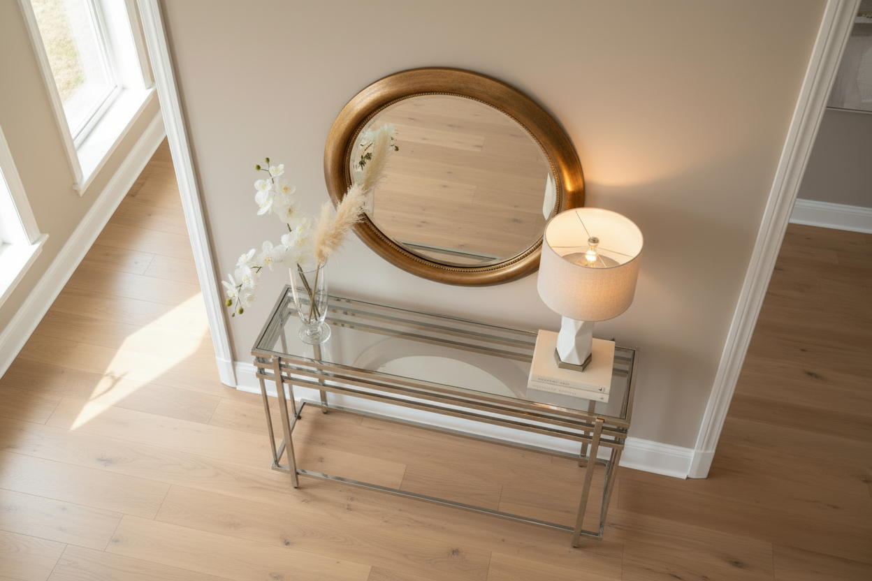 Top angle view of chrome console table