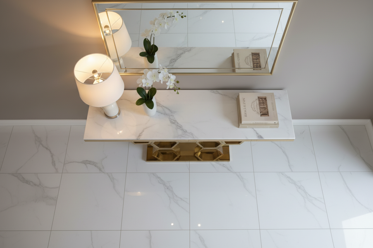 Top angle view of marble and gold hexagonal console table