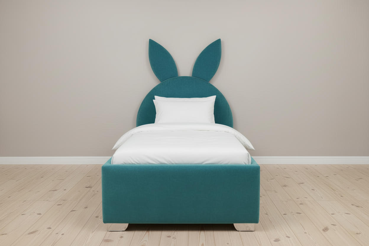 Turquoise bunny bed with plain wall